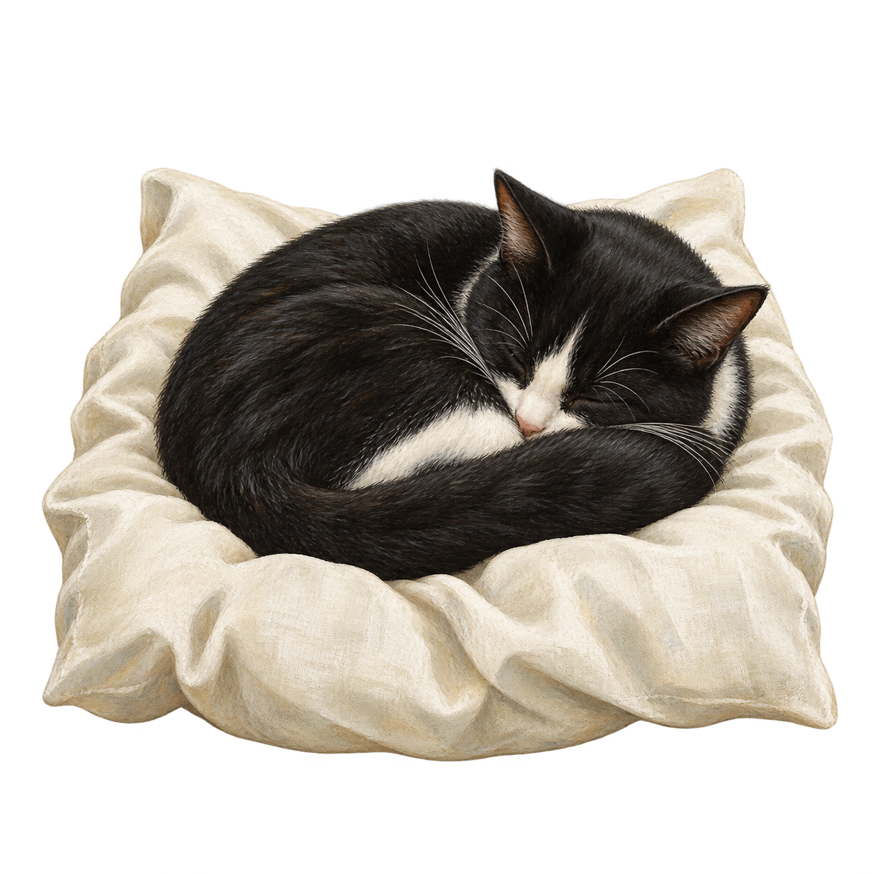 A black-and-white cat asleep on a cream pillow