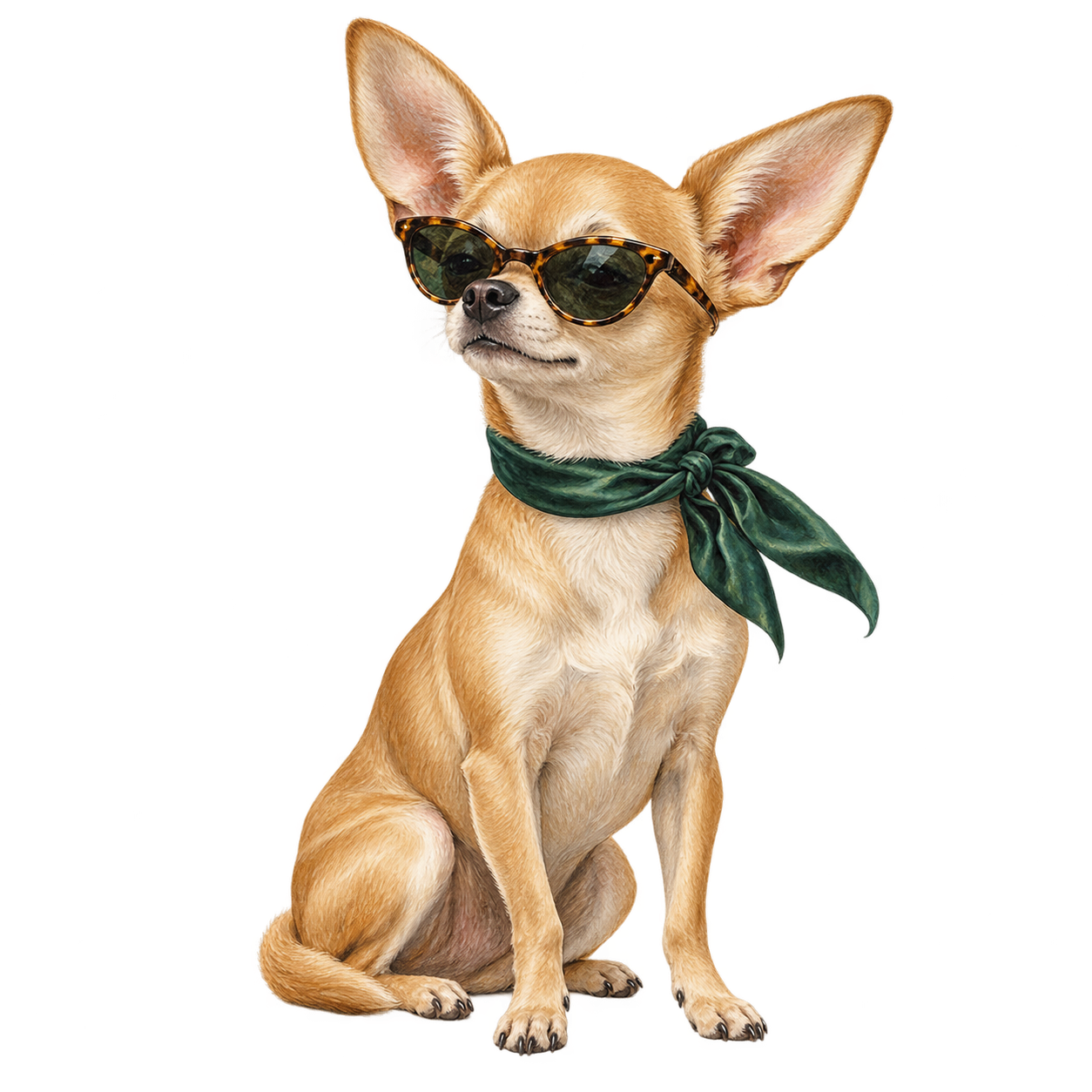 A chihuahua with sunglasses and a green scarf